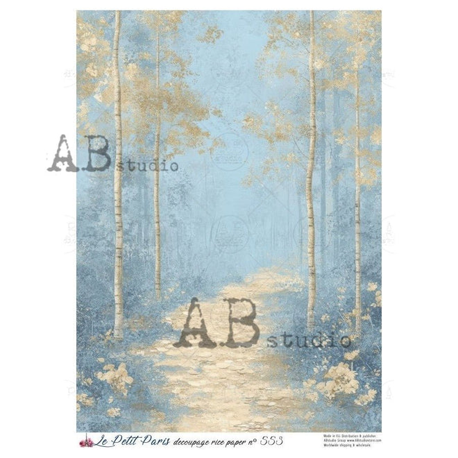 A4 LPP Blue Birchwood Path Rice Paper Le Petit Paris 553 - Decoupage Central