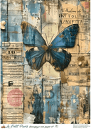 A4 LPP Blue Butterfly Collage Rice Paper Le Petit Paris 76 - Decoupage Central