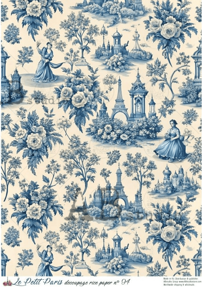 A4 LPP Blue Delft Toile Rice Paper Le Petit Paris 94 - Decoupage Central