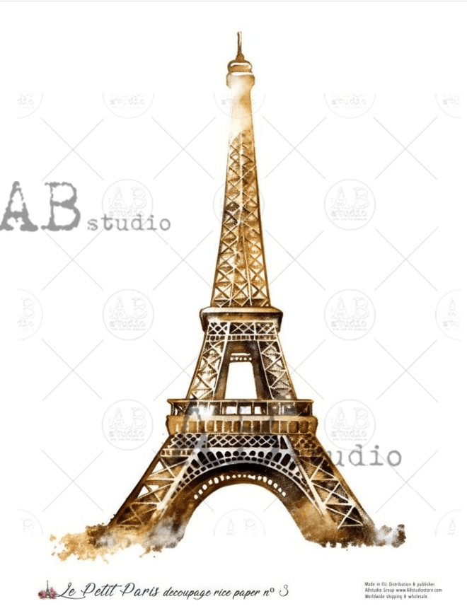 A4 LPP Gold Eiffel Tower Rice Paper Le Petit Paris 3 - Decoupage Central