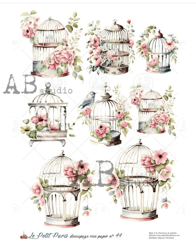 A4 LPP Little Bird Cages Rice Paper Le Petit Paris 44 - Decoupage Central