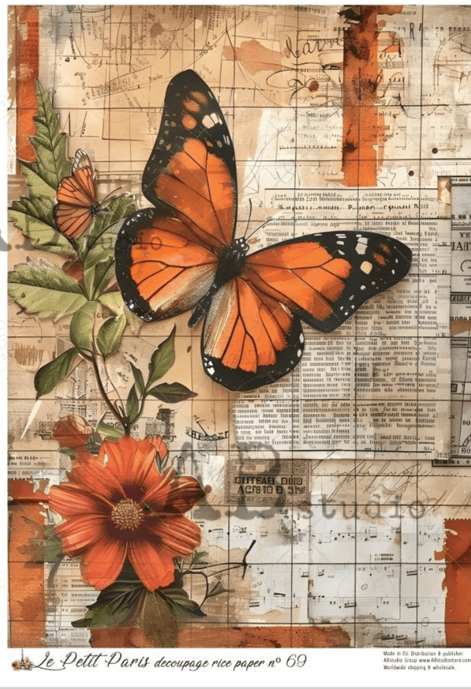 A4 LPP Orange Butterfly Collage Rice Paper Le Petit Paris 69 - Decoupage Central