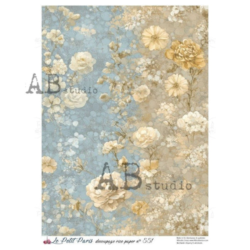 A4 LPP Powder Blue Floral Wallpaper Rice Paper Le Petit Paris 551 - Decoupage Central