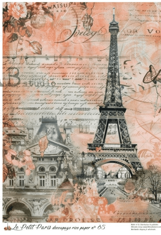 A4 LPP Spring Eiffel Tower Collage Rice Paper Le Petit Paris 85 - Decoupage Central