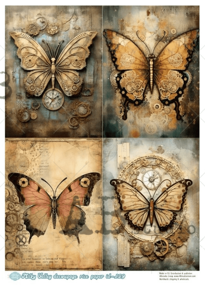 A4 Mechanical Butterfly Quad Rice Paper Milky Valley ID 129 - Decoupage Central