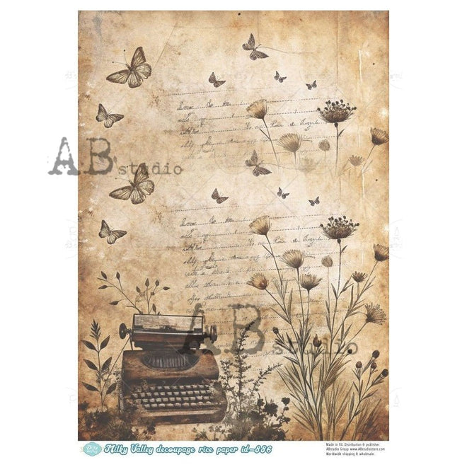 A4 Milky 886 Typewriter & Butterflies Rice Paper for Crafts - Decoupage Central