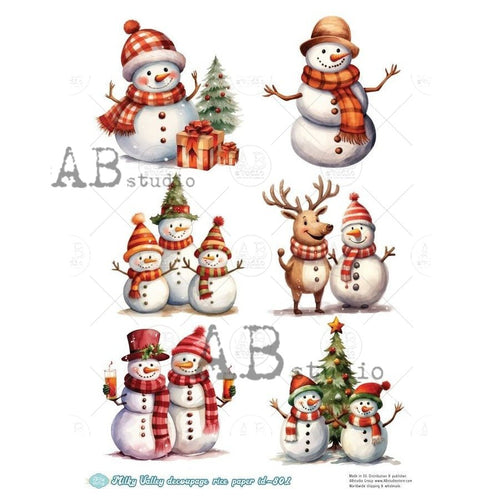 A4 Milky Cozy Snowmen Crew Multi Rice Paper AB Studios Milky 801 - Decoupage Central