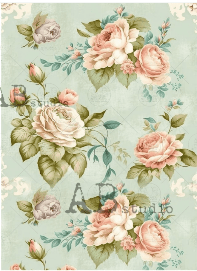 A4 Milky Valley Dream Mint Rose Background ID51 - Decoupage Central