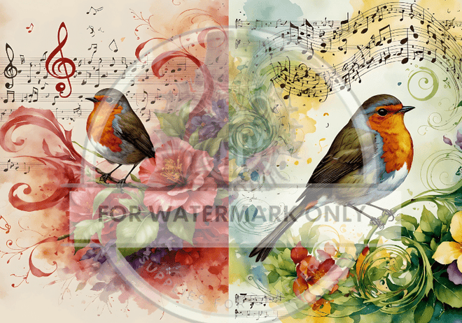 A4 Musical Bird Duo Rice Paper DC603 - Decoupage Central