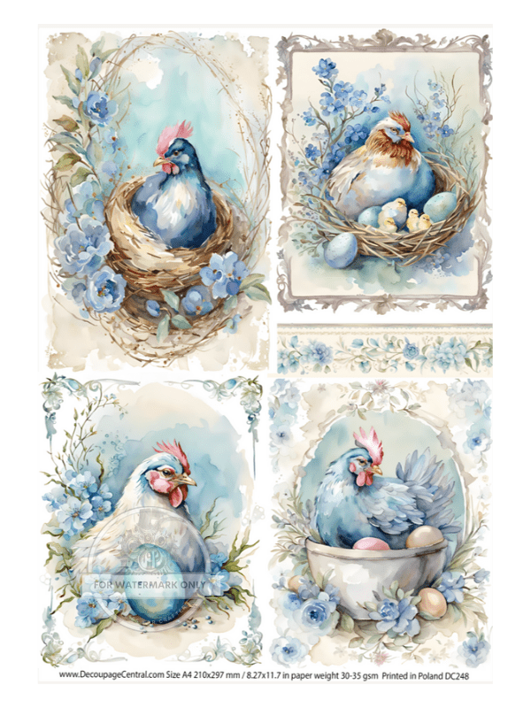 A4 Nesting Hens in Blue Rice Paper DC248 - Decoupage Central