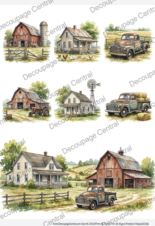 A4 Old Farmstead Vignettes Rice Paper DC936 - Decoupage Central