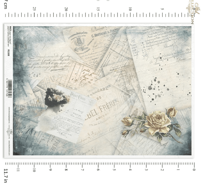 A4 Old Letters Floral Background Decoupage Paper R1108 - Decoupage Central