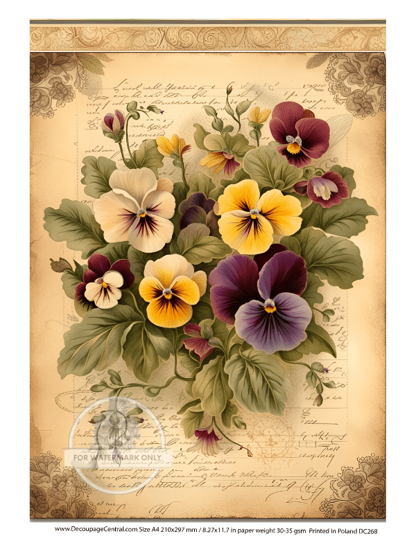 A4 Pansies and Parchment Decoupage Rice Paper DC268 - Decoupage Central
