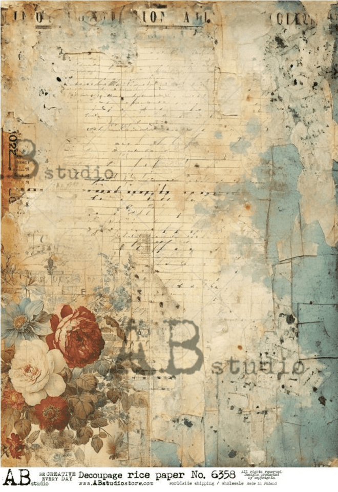 A4 Parchment Flowers Collage Rice Paper Background AB Studios 6358 - Decoupage Central