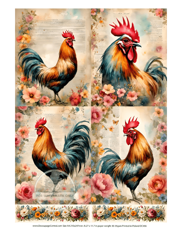 A4 Parchment Rooster Quad Rice Paper DC456 - Decoupage Central