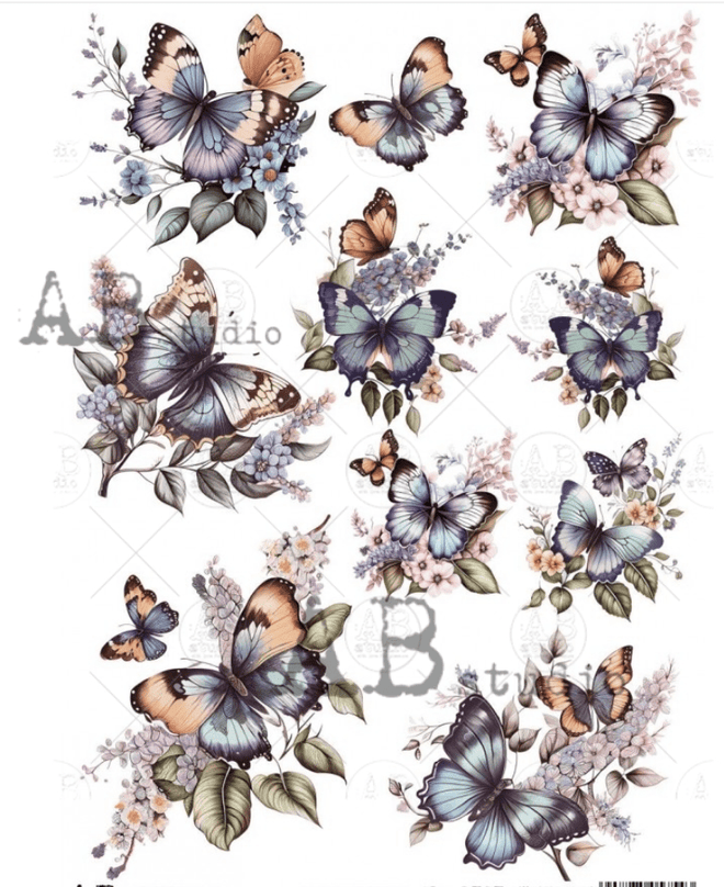 A4 Pastel Butterflies Rice Paper, AB Studios 1707 - Decoupage Central