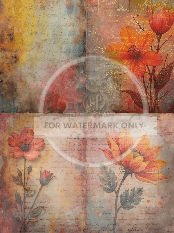 A4 Patina Flower Script Quad Rice Paper DC661 - Decoupage Central
