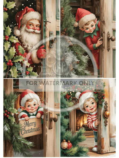 A4 Peeking Elves and Santa Quad Paper DC875 - Decoupage Central