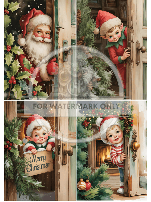 A4 Peeking Elves and Santa Quad Paper DC875 - Decoupage Central