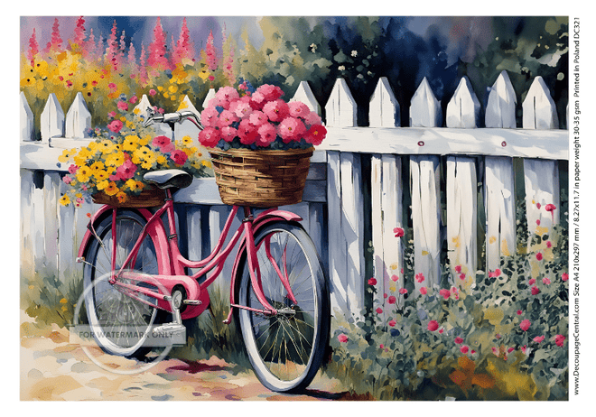 A4 Pink Bicycle Flowers Paper DC 321 - Decoupage Central