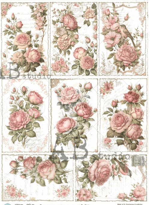 A4 Pink Floral with white background Montage Rice Paper AB Studios ID79 - Decoupage Central