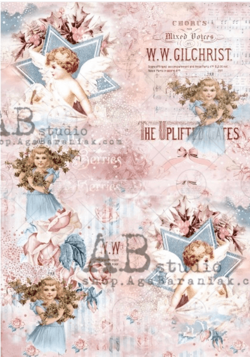 A4 Pink Shabby Angels Christmas Rice Paper, AB Studios 0364 - Decoupage Central