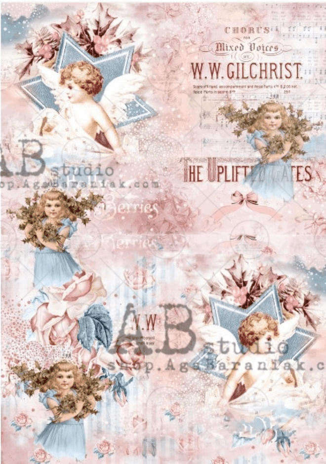 A4 Pink Shabby Angels Christmas Rice Paper, AB Studios 0364 - Decoupage Central