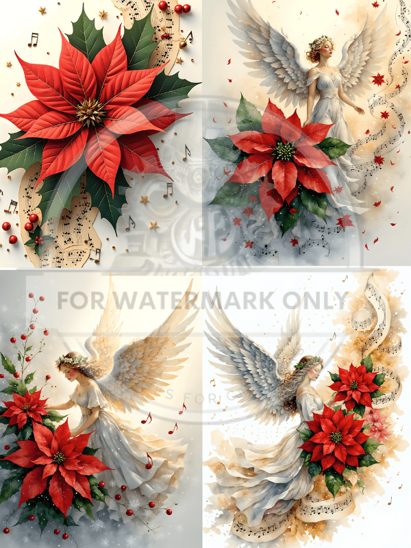 A4 Poinsettia Angel Quad Rice Paper DC573 - Decoupage Central
