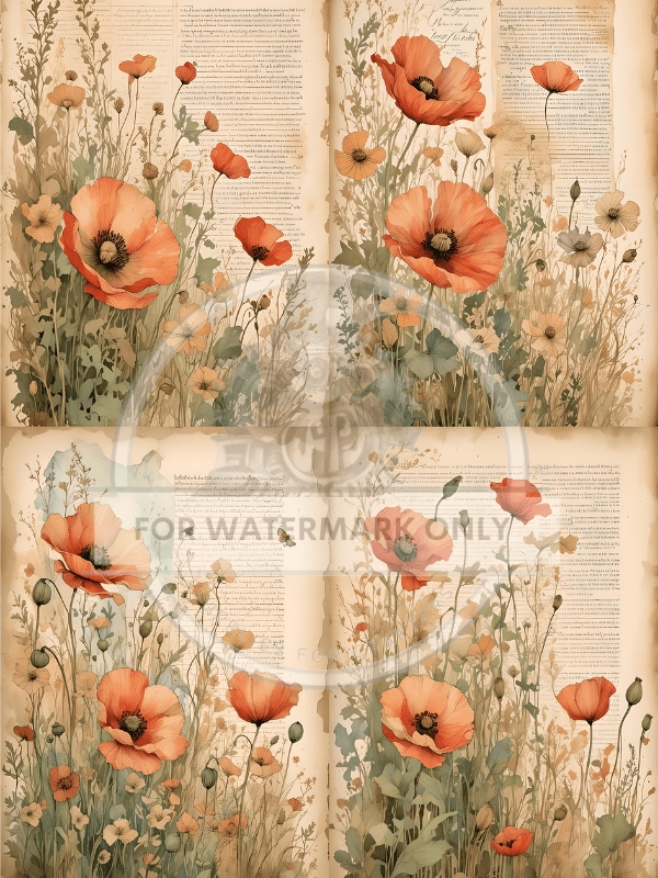 A4 Poppies and Pages Quad Rice Paper DC757 - Decoupage Central
