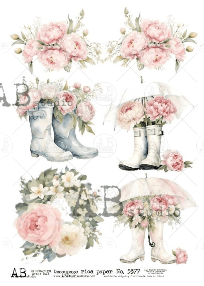 A4 Rain Boots and Peonies Decoupage Rice Paper AB 5377 - Decoupage Central
