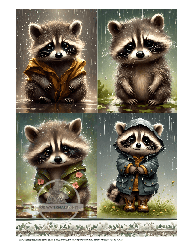 A4 Rainy Raccoon Quad Rice Paper DC425 - Decoupage Central