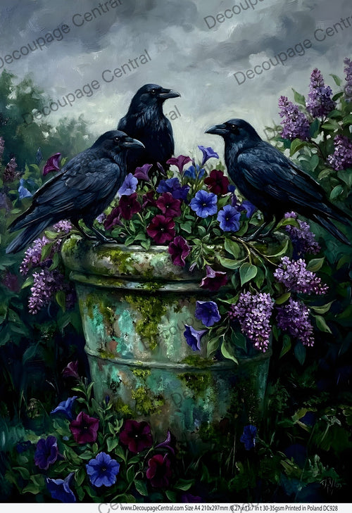 A4 :Raven Trio, Mossy Urn Rice Paper DC928 - Decoupage Central