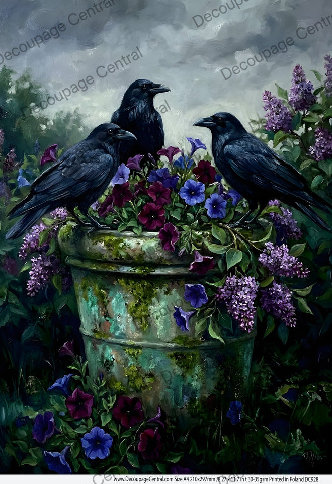 A4 :Raven Trio, Mossy Urn Rice Paper DC928 - Decoupage Central
