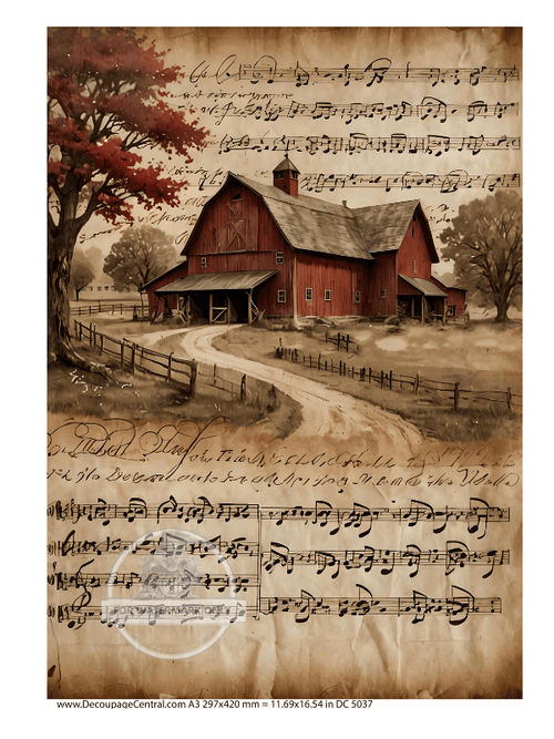 A4 Red Barn Melody Rice Paper DC483 - Decoupage Central
