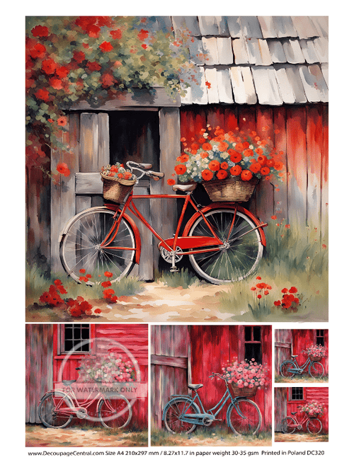 A4 Red Bicycle Flowers Paper DC 320 - Decoupage Central