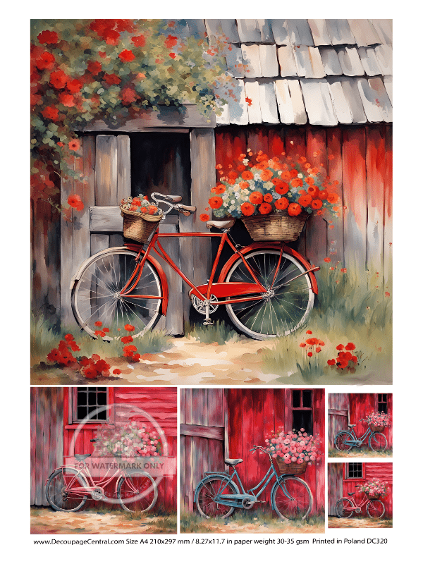 A4 Red Bicycle Flowers Paper DC 320 - Decoupage Central