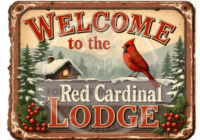 A4 Red Cardinal Lodge - Vintage Lodge Sign on Rice Paper DC831 - Decoupage Central