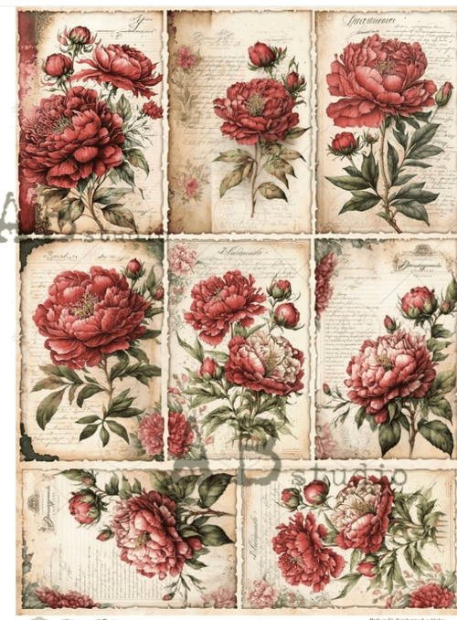 A4 Red Floral Montage Rice Paper AB Studios ID82 - Decoupage Central