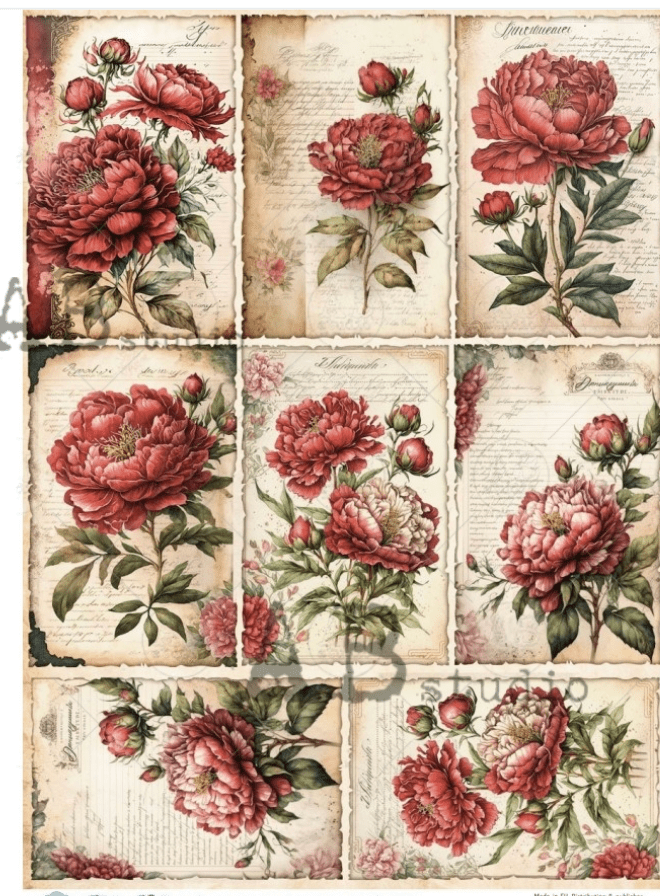 A4 Red Floral Montage Rice Paper AB Studios ID82 - Decoupage Central