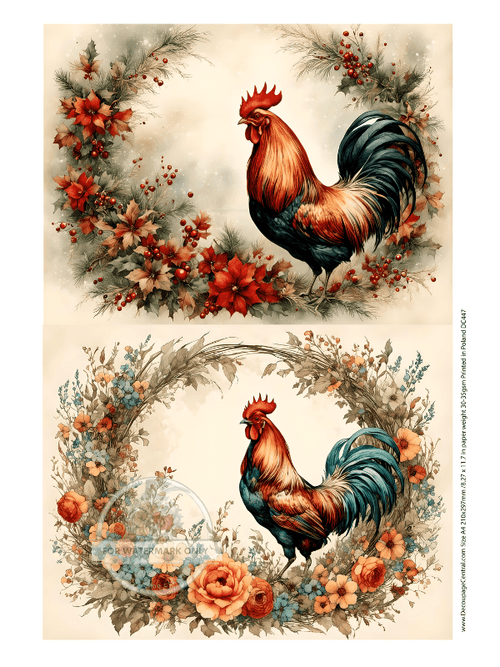 A4 Rooster Wreaths Rice Paper DC447 - Decoupage Central