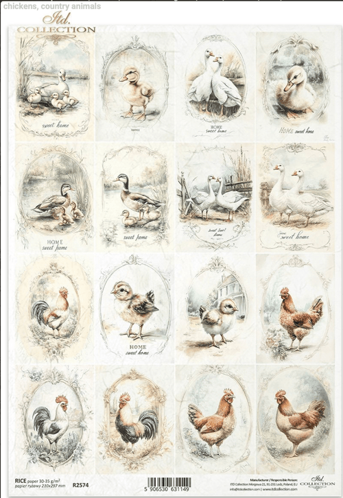 A4 Rustic Chicken and Duck Multi Quad Decoupage Paper R2574 - Decoupage Central