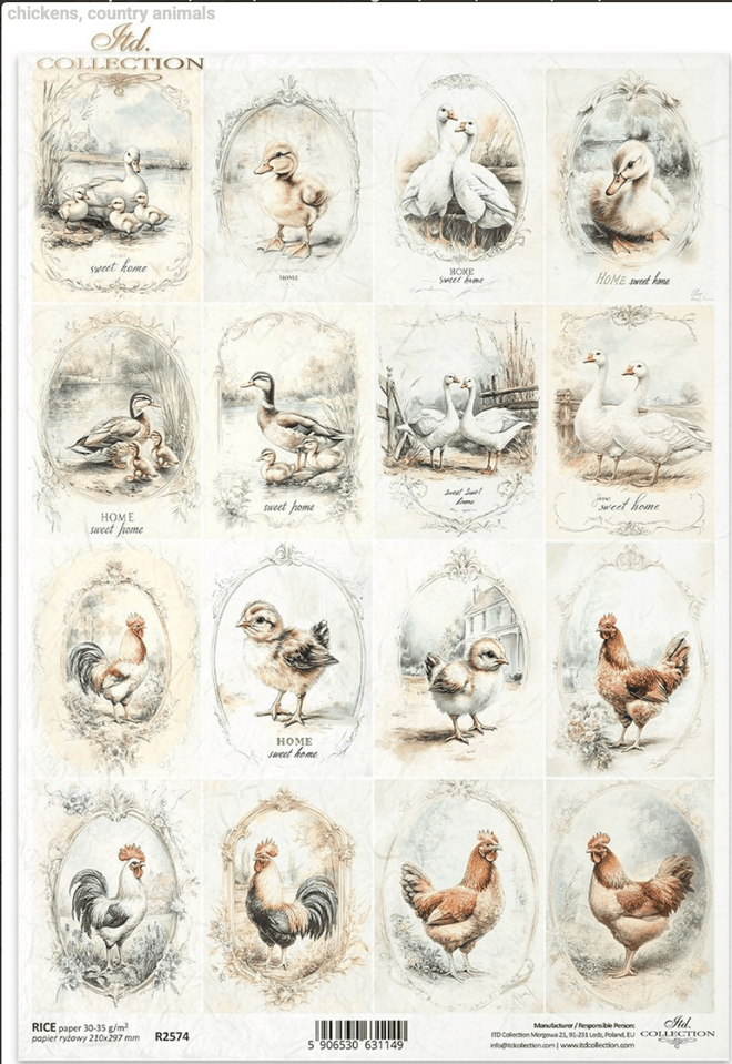 A4 Rustic Chicken and Duck Multi Quad Decoupage Paper R2574 - Decoupage Central