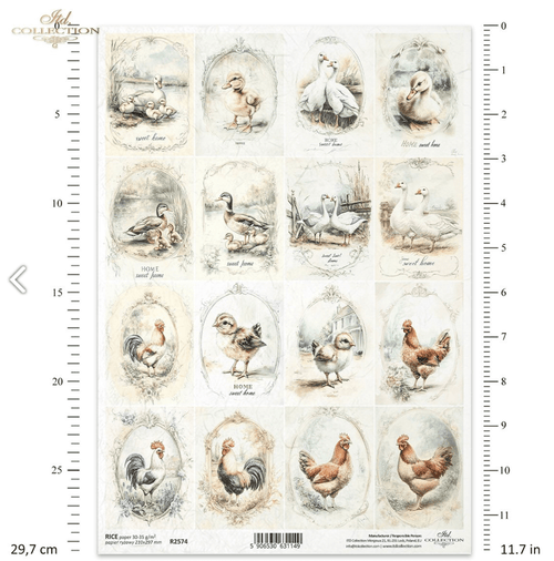 A4 Rustic Chicken and Duck Multi Quad Decoupage Paper R2574 - Decoupage Central