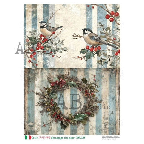 A4 Rustic Christmas Bird & Wreath Duo with Stripes Carte Italiano 228 - Decoupage Central