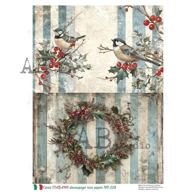 A4 Rustic Christmas Bird & Wreath Duo with Stripes Carte Italiano 228 - Decoupage Central
