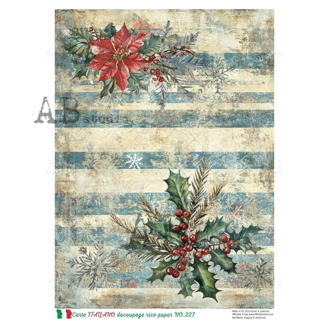 A4 Rustic Christmas Poinsettia Stripes Carte Italiano 227 - Decoupage Central