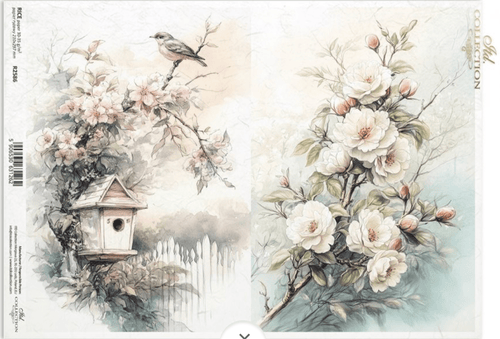 A4 Rustic Flower and Birdhouse Duo Decoupage Paper R2586 - Decoupage Central