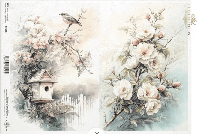 A4 Rustic Flower and Birdhouse Duo Decoupage Paper R2586 - Decoupage Central