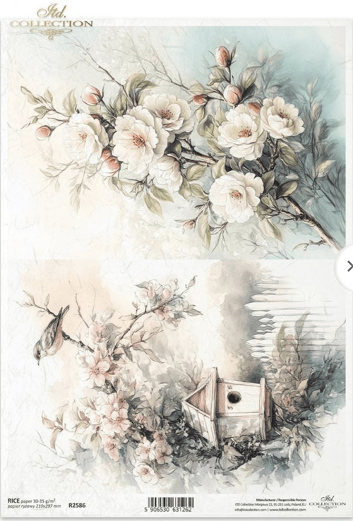 A4 Rustic Flower and Birdhouse Duo Decoupage Paper R2586 - Decoupage Central