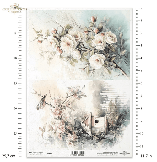 A4 Rustic Flower and Birdhouse Duo Decoupage Paper R2586 - Decoupage Central
